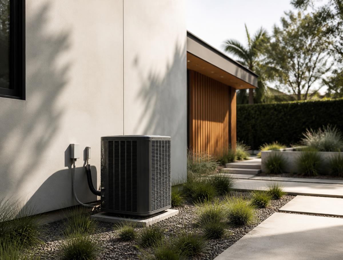 Discreet outdoor air-conditioning system beside a luxury Los Angeles home